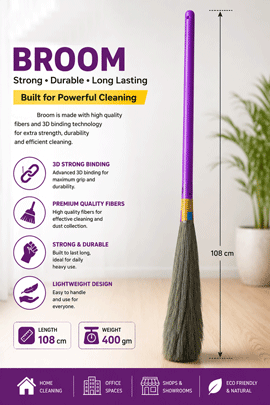Kwaltial Broom, 3D Binding Phool Jhadu for Home Cleaning, Natural Grass Broom, Strong and Durable, Indoor and Outdoor Use, Eco Friendly, Pack of 2