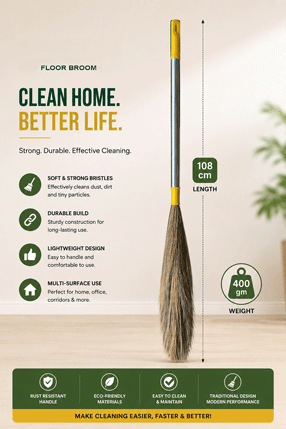 Kwaltial Broom, Phool Jhadu for Home Cleaning, Natural Grass Broom, Strong and Durable, Indoor and Outdoor Use, Pack of 2